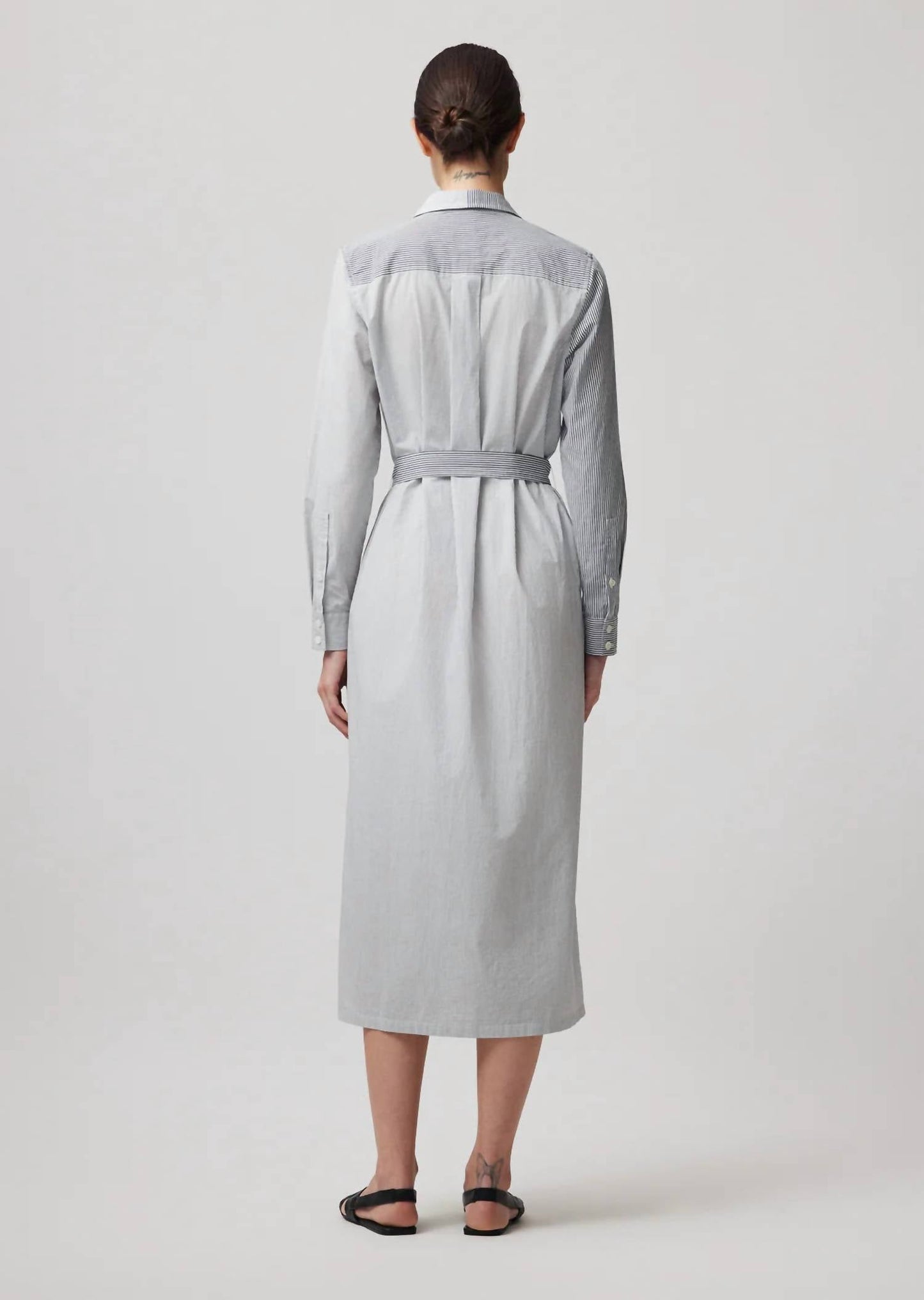 Atm - Mixed Stripe Shirting Belted Shirt Dress