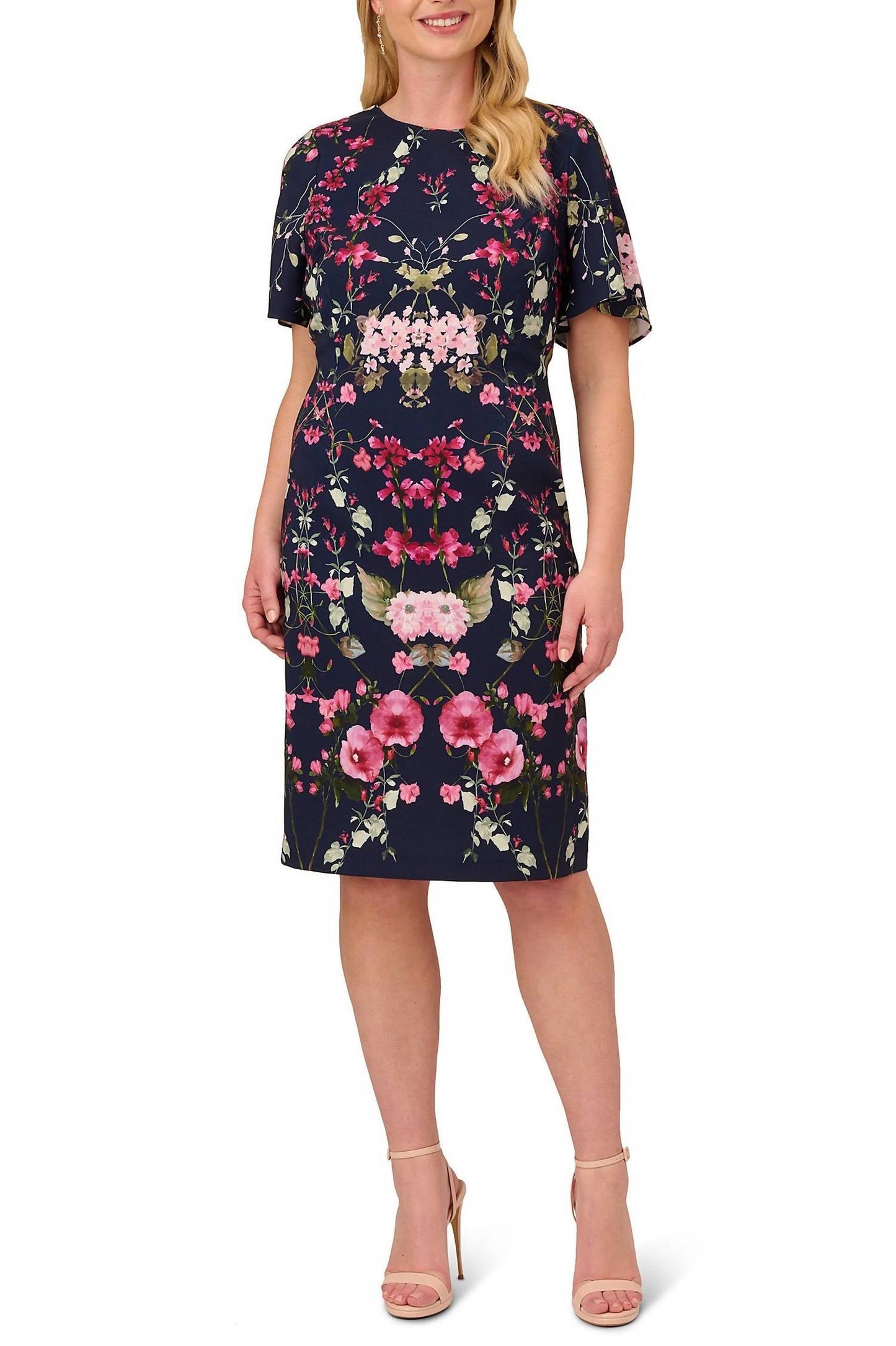Adrianna Papell - Floral Print Crepe Midi-length Sheath Dress