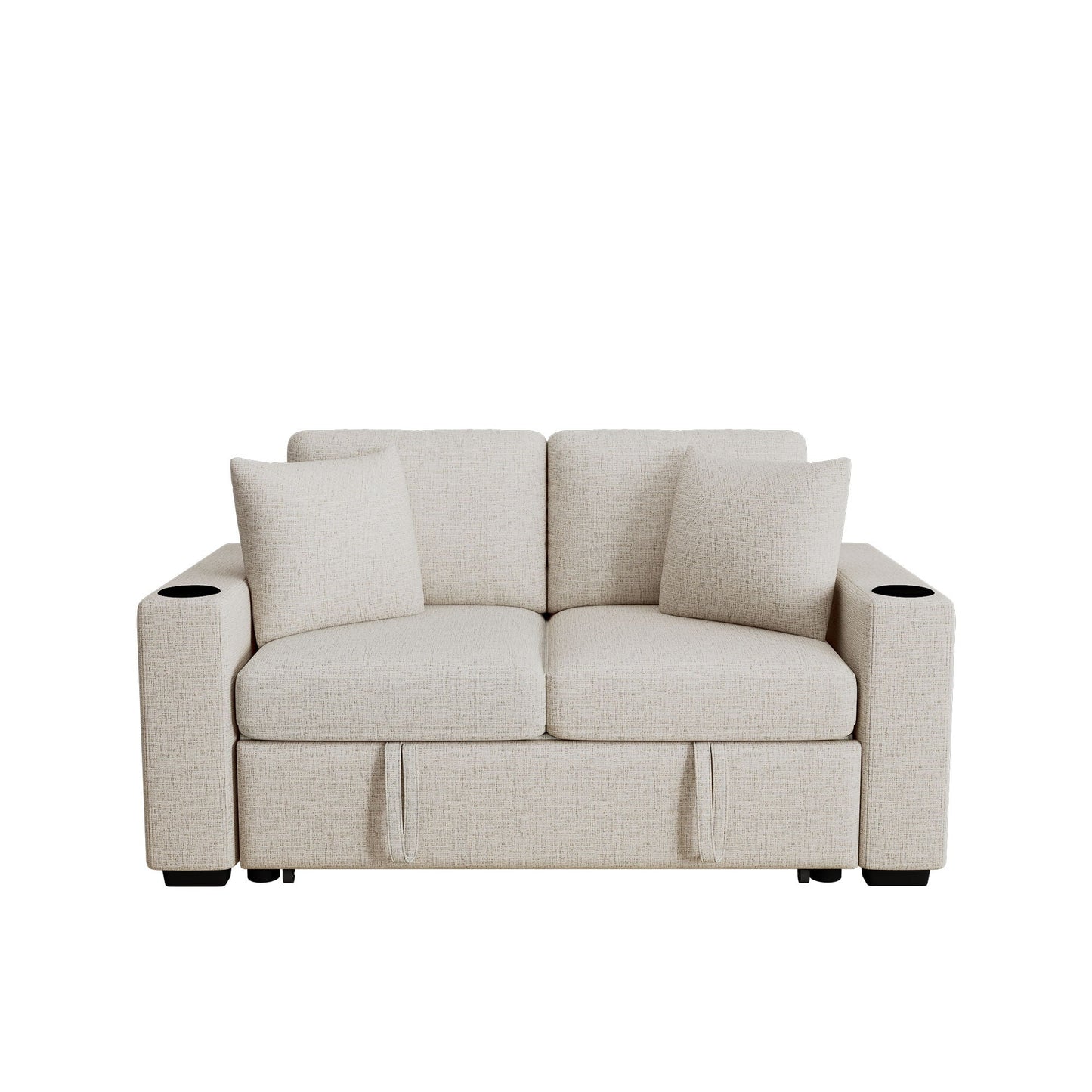 Modern 2 Seater Loveseat Sofa With Pull-Out Bed, Fabric, USB Ports & Cup Holders