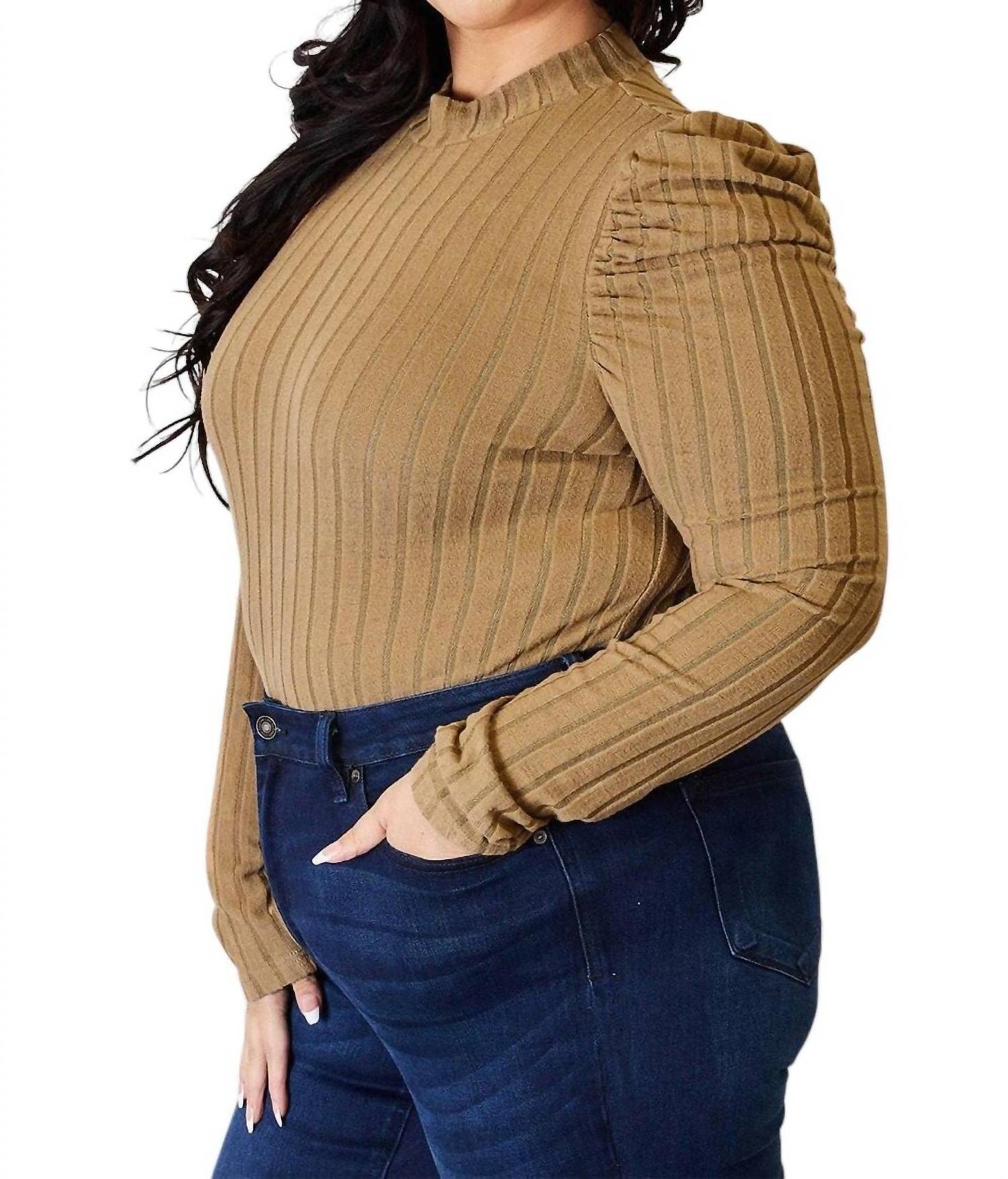 Basic Bae - Ribbed Mock Neck Top With Puff Sleeves
