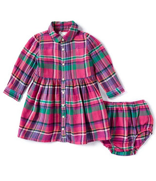 Ralph Lauren - Vestido xadrez de manga comprida para menina, justo e evasê