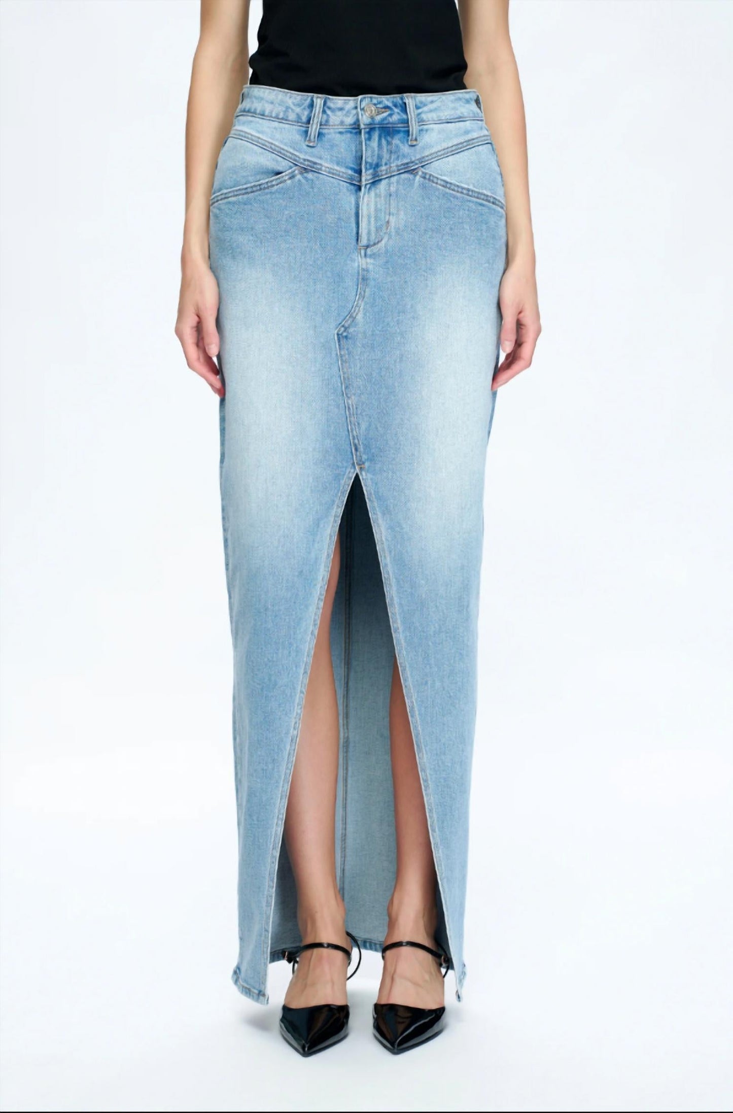 Bayeas - Lauren Mid Rise Slit Denim Maxi Skirt