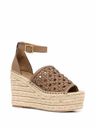 Tory Burch - Sandália de alpargata em couro de bezerro Basketweave com salto anabela