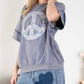 Blue Velvet - MINERAL-WASHED PEACE SIGN SHORT SLEEVE TERRY KNIT TOP