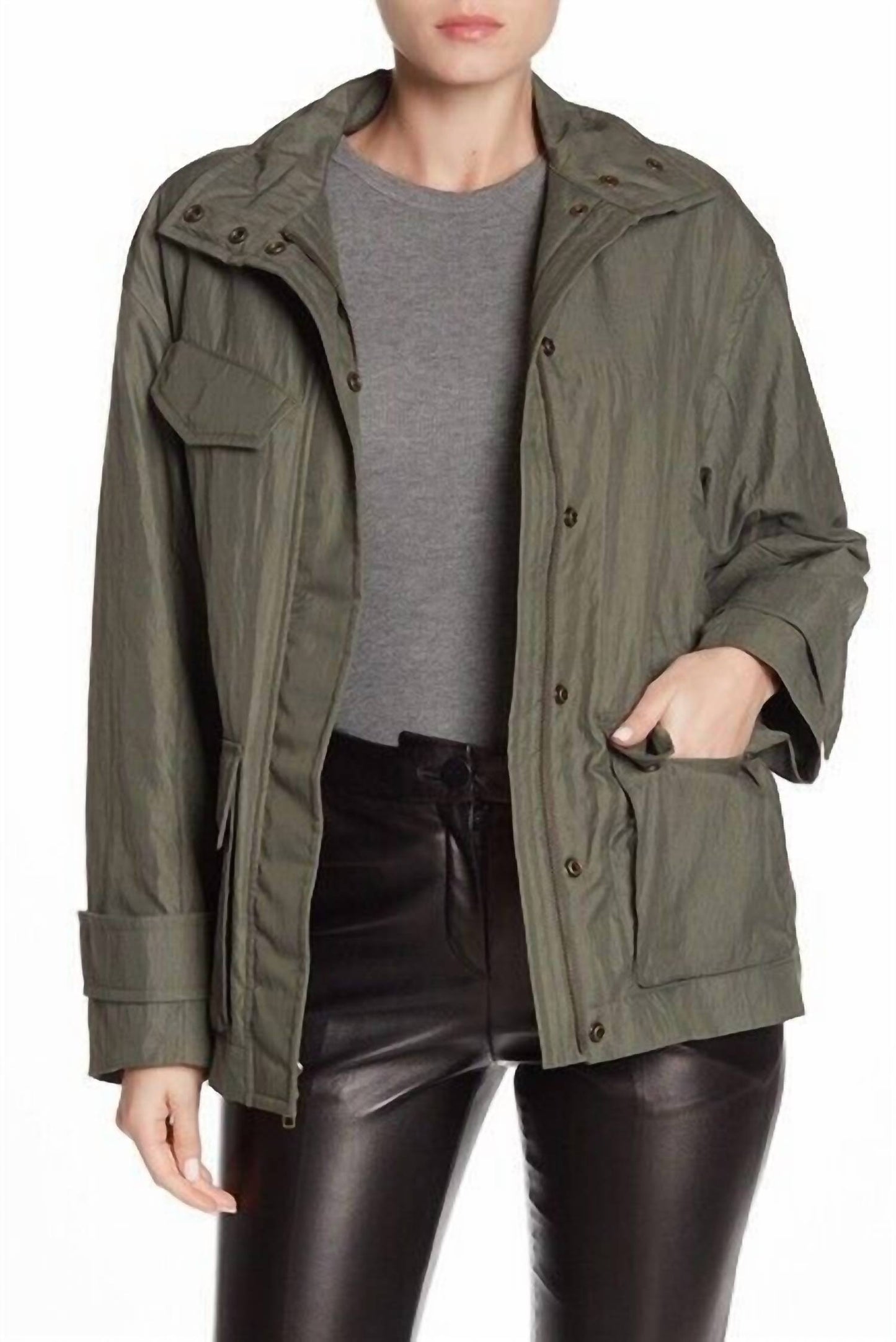 Vince - Army Green Jacket Drawstring Waist Anorak Flap Pockets
