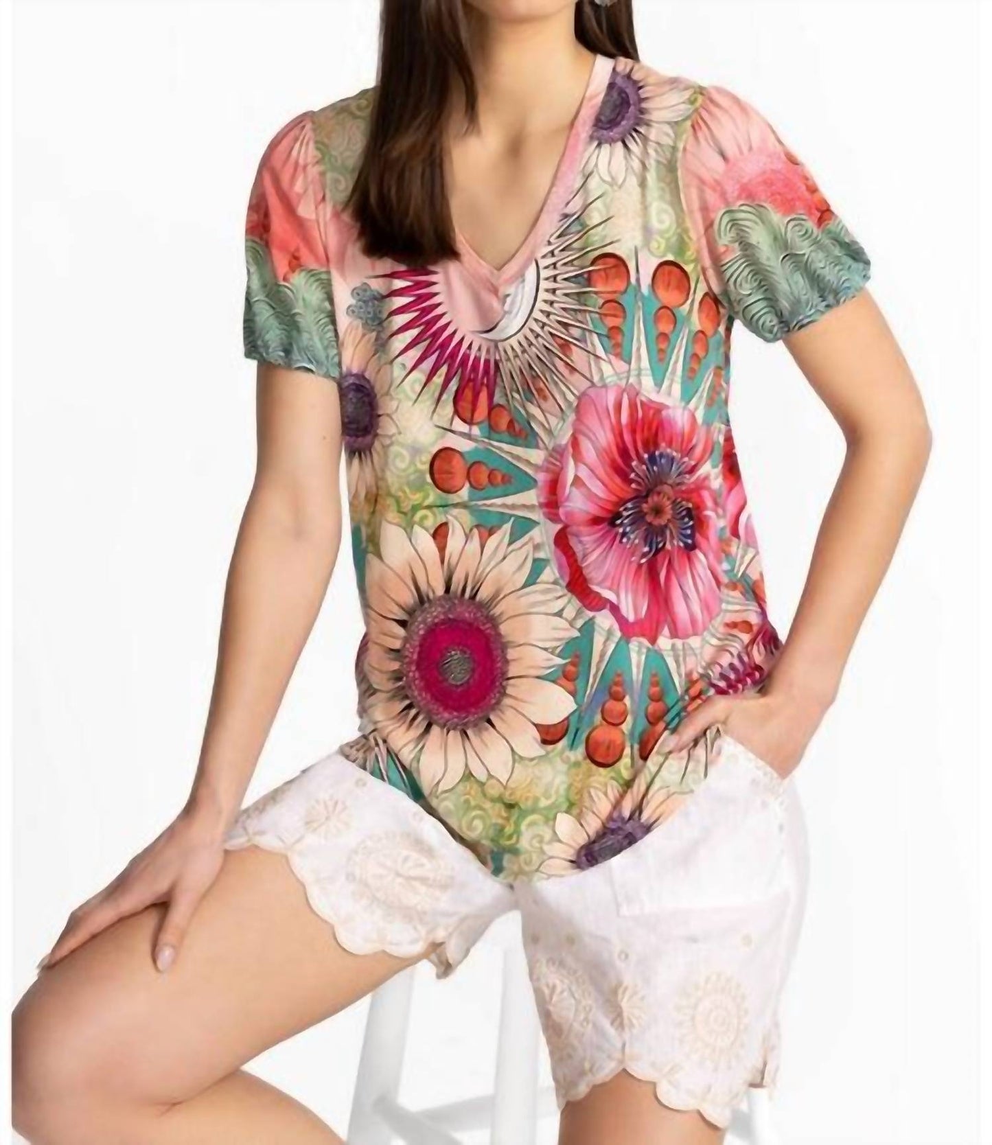 Johnny Was - JANIE FAVORITE V‑NECK PUFF SLEEVE TEE