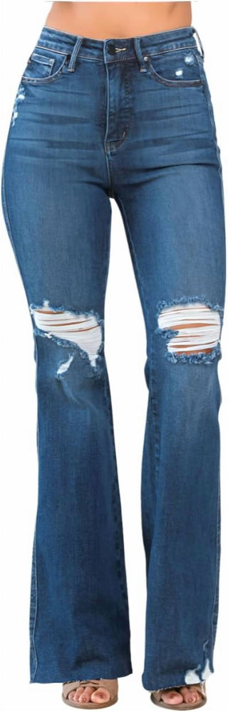 Judy Blue - Calça jeans flare desgastada com controle de cintura alta