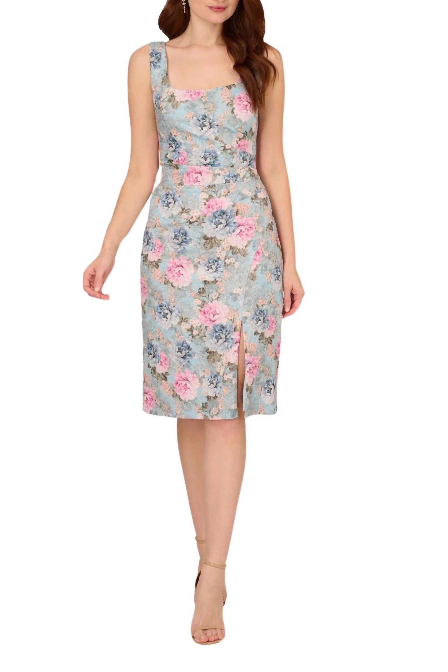 Adrianna Papell - Floral Matelassé Square Neck Sheath Dress