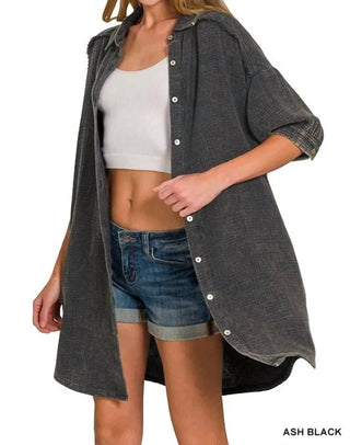 Trendsi - Vestido camisa Zenana lavado com botões de gaze dupla