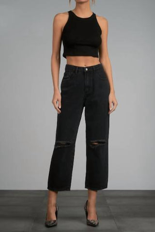 Elan - Calça jeans cropped desgastada com bainha desfiada