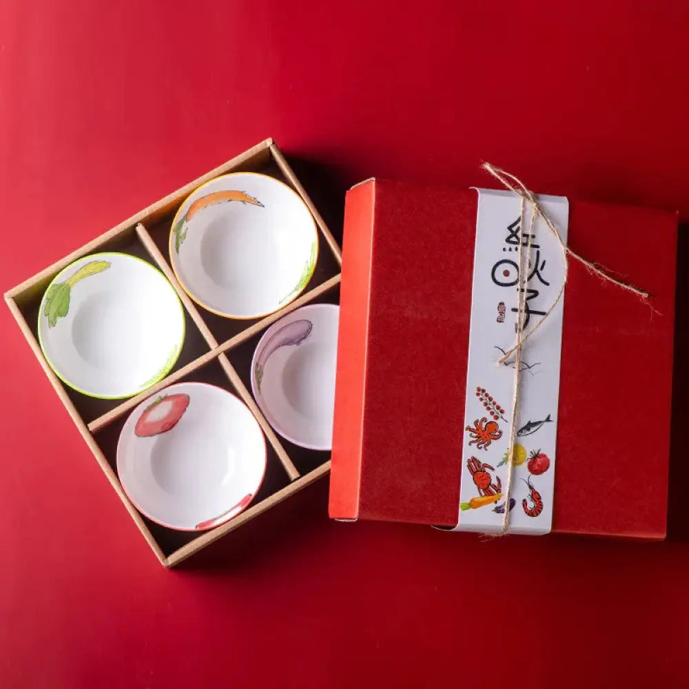 Hand-painted Marine Ceramic Bowl Gift Set with Wooden Box