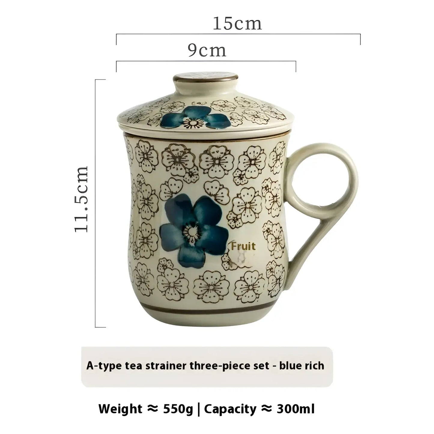 Ceramic Tea Mug with Infuser and Lid Floral 300ml