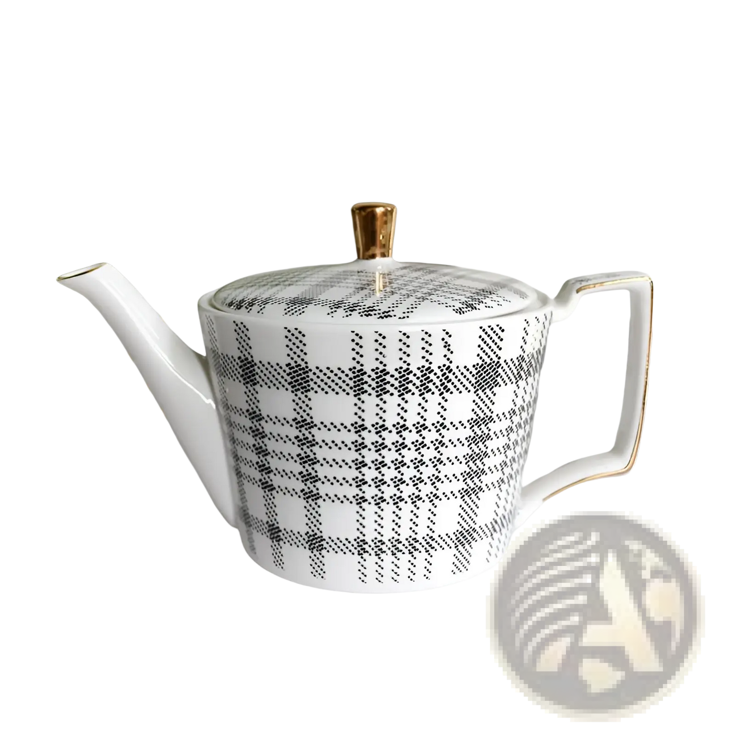 Ceramic Tea Set with Plaid Teapot and Gold Trim Tray