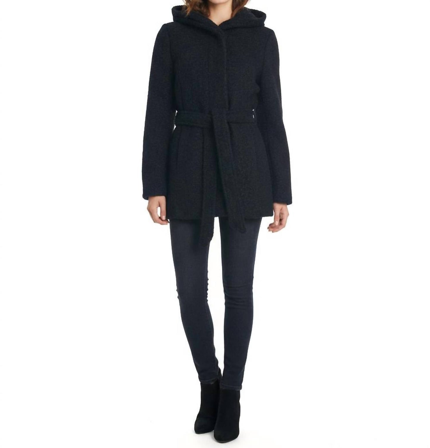 Coffeeshop - Hooded Boucle Coat With Waist Tie