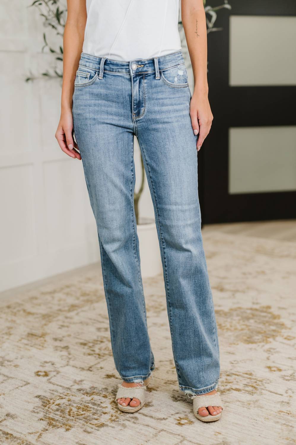 Judy Blue - Mid Rise Boot Cut Jean With Distress Hem