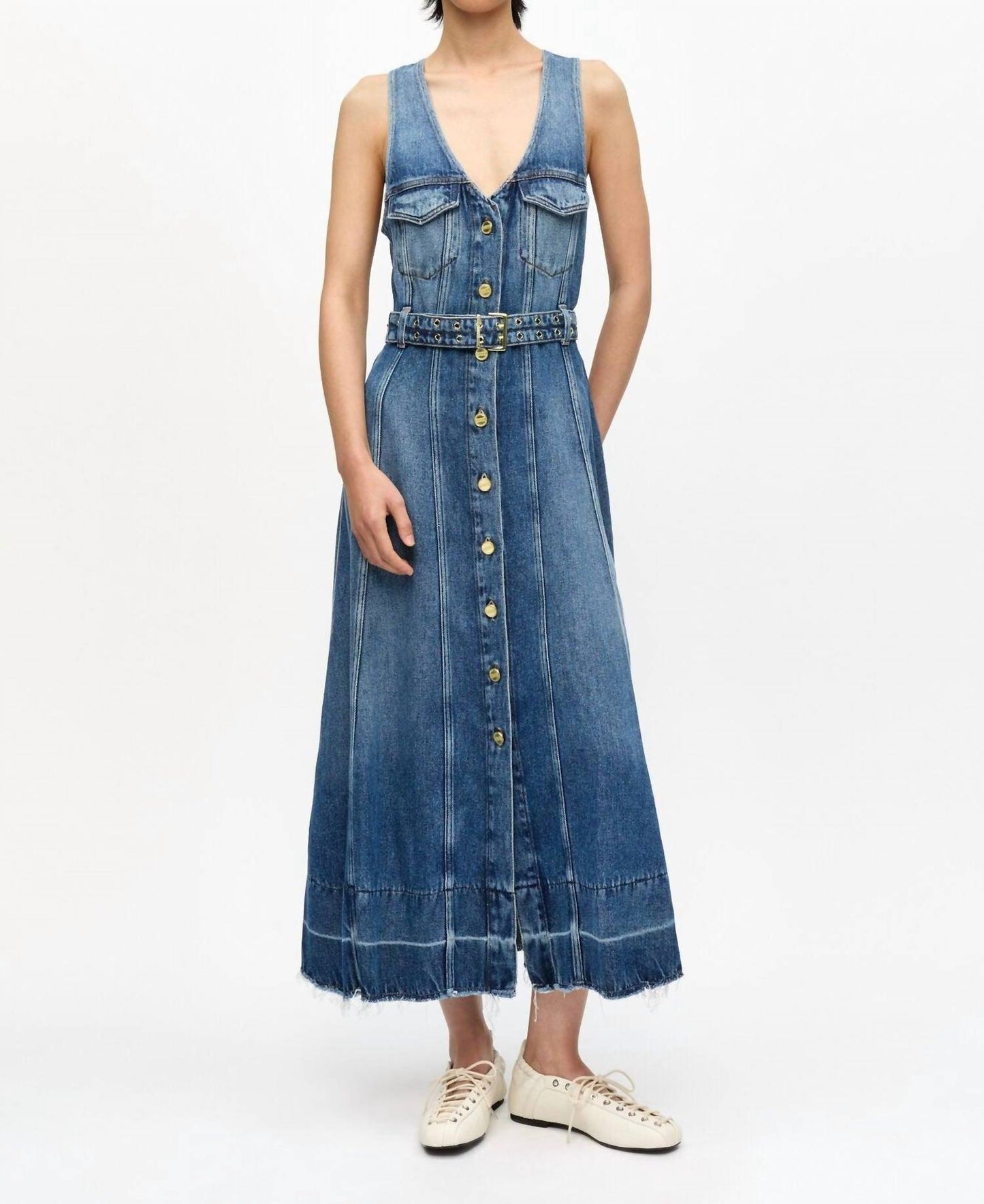 Ganni - Light Denim Belt Midi Dress