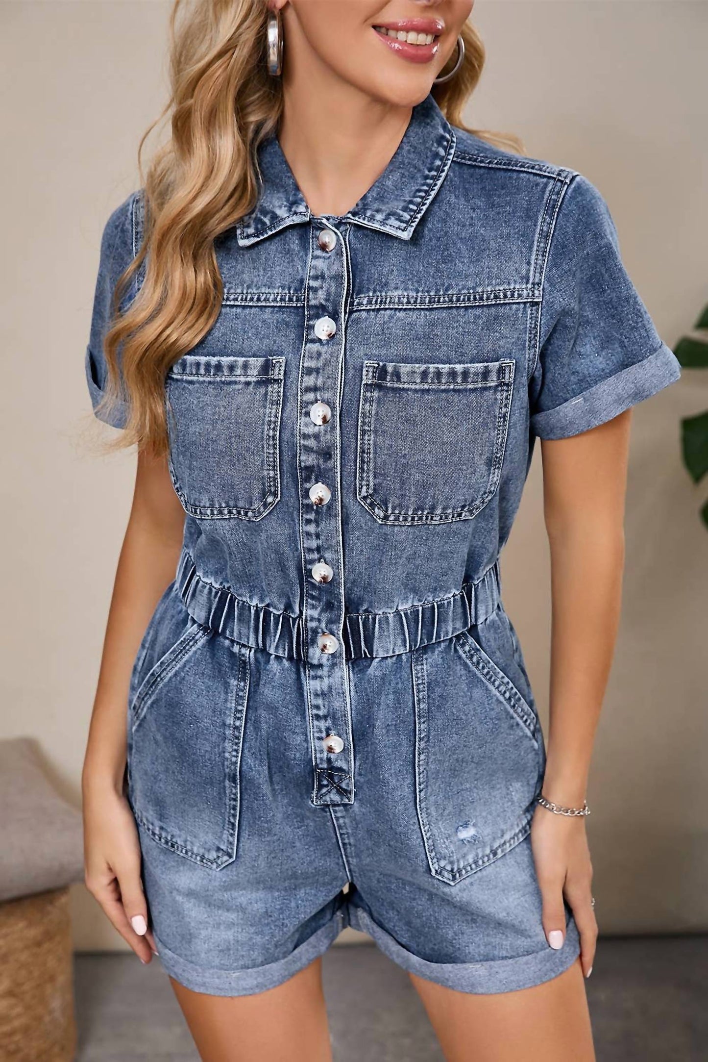 Aapparella - Short Sleeve Denim Button Front Romper