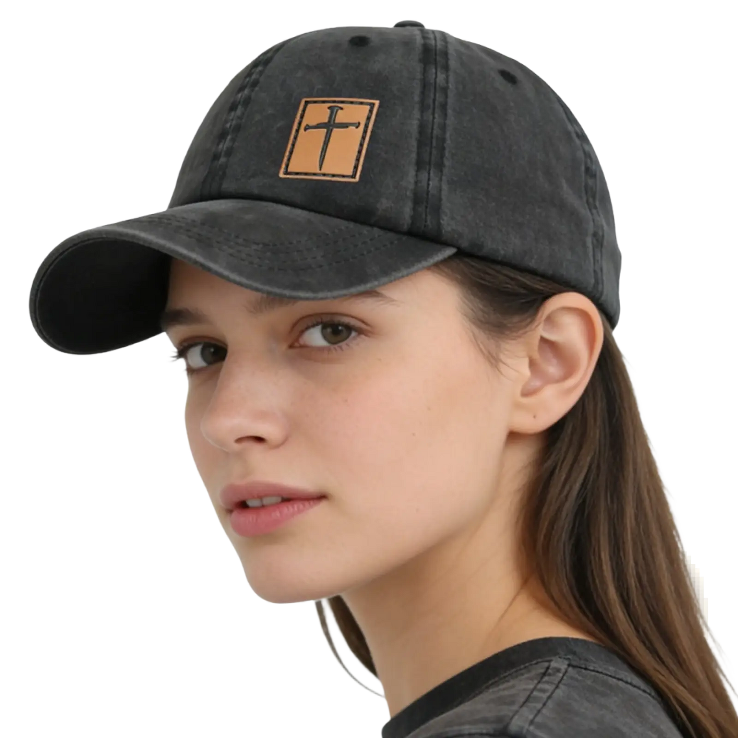 Christian Cross Leather Patch Baseball Hat Distressed