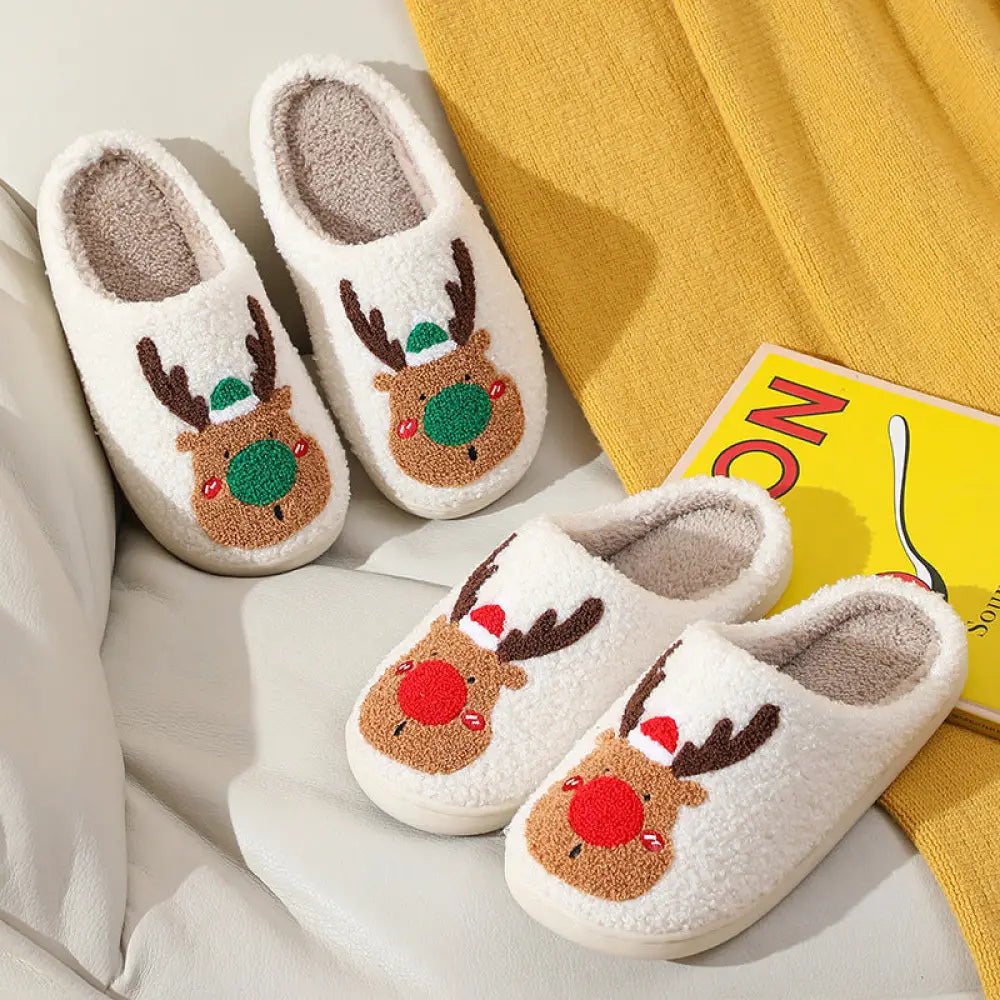 Reindeer Plush Christmas Slippers with Cozy Faux Fur