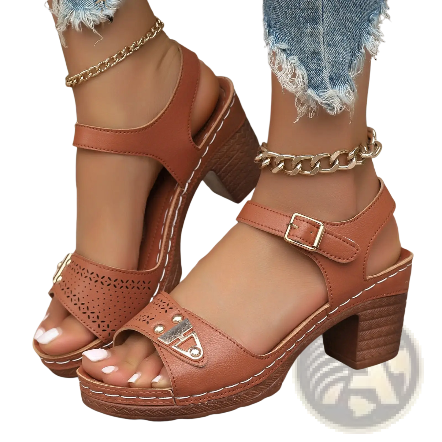 Chunky Heel Sandals with Buckle and Pigskin Lining