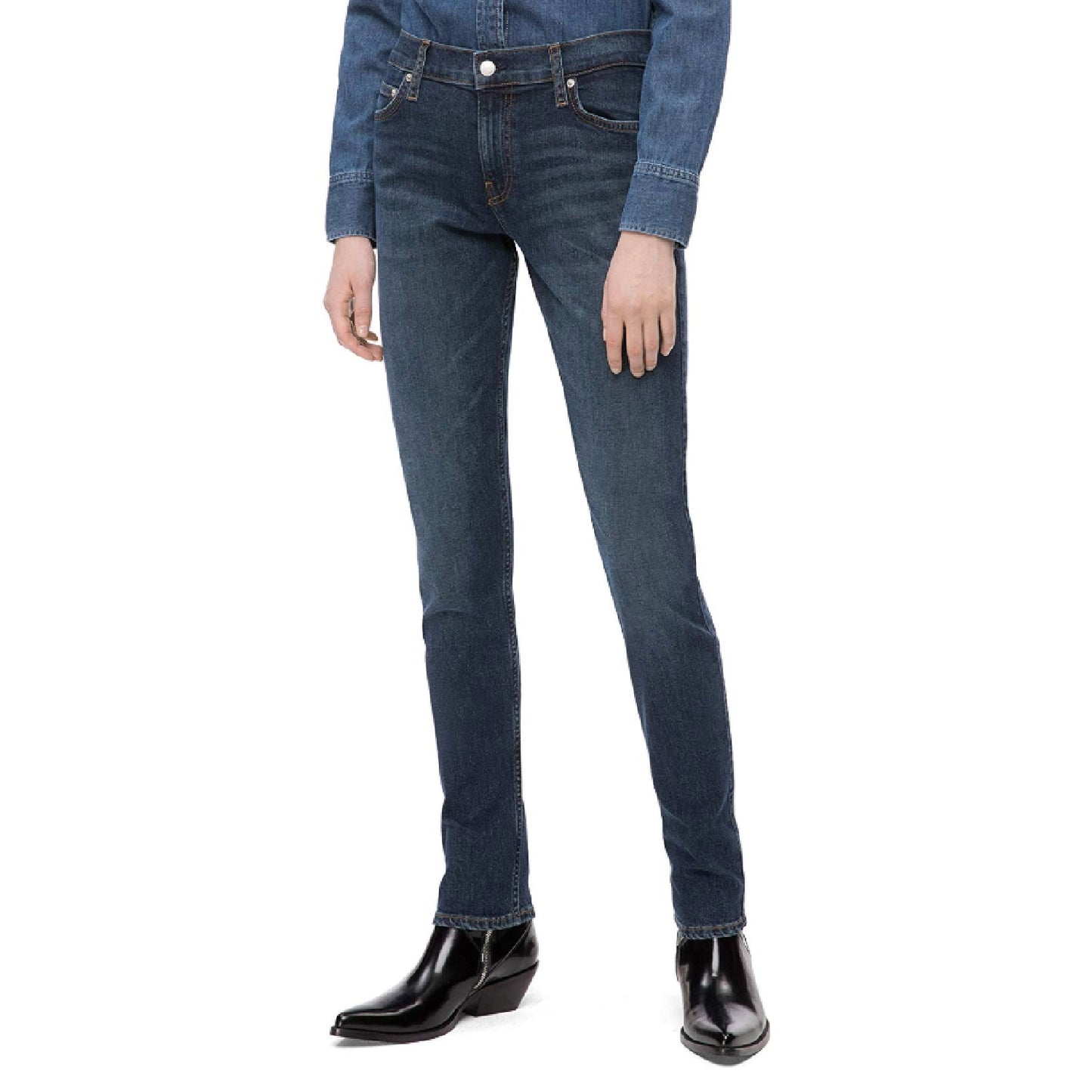 Calça jeans feminina Calvin Klein cintura média justa Hamptons azul escuro tamanho 27" x 30"