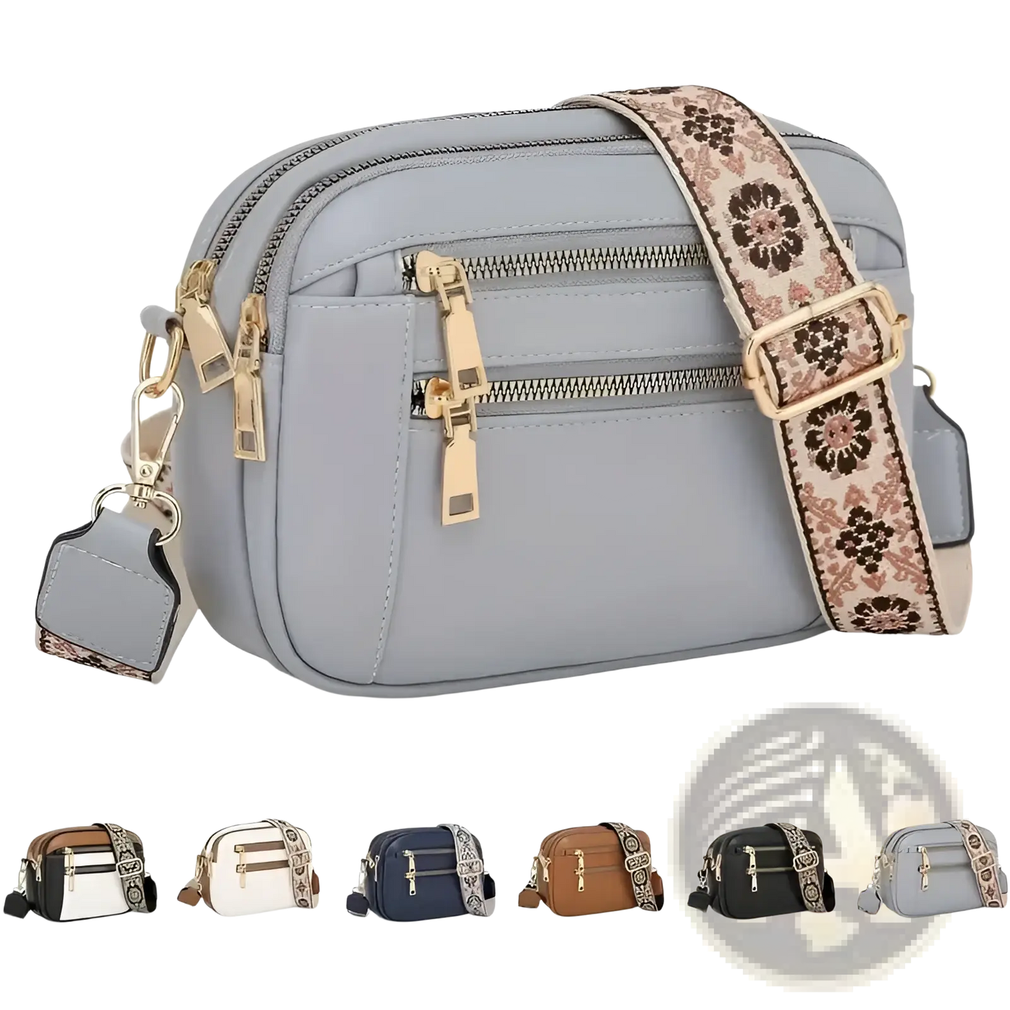 Colorblock Leather Crossbody Bag with Floral Strap