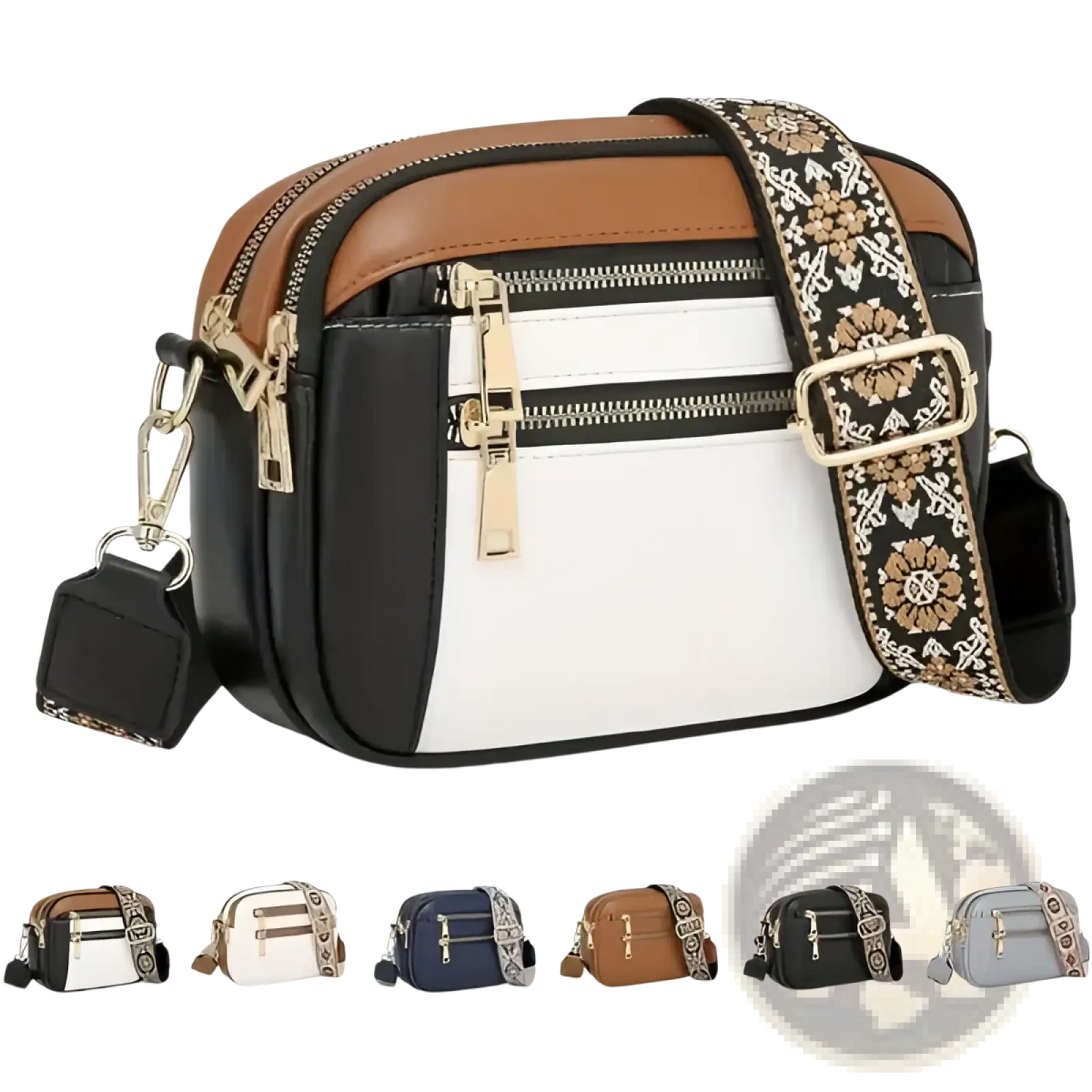 Colorblock Leather Crossbody Bag with Floral Strap