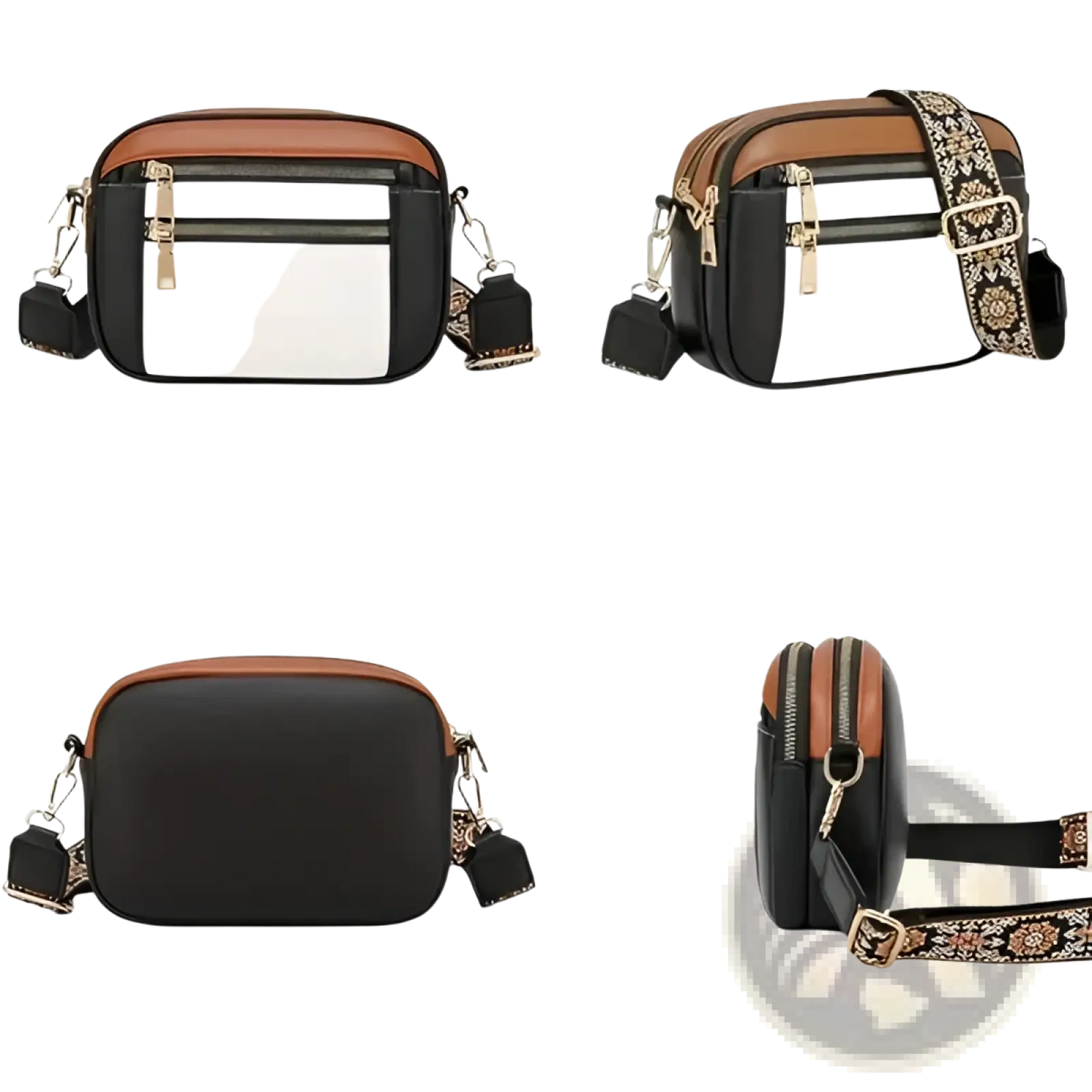 Colorblock Leather Crossbody Bag with Floral Strap