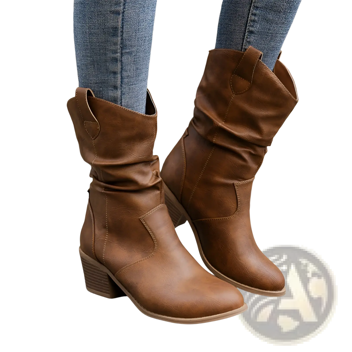 Cowboy Boots for Women Square Heel Mid Calf Pu Leather