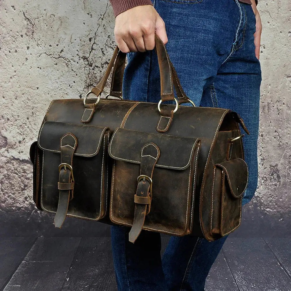 Vintage Crazy Horse Leather Satchel Bag with Brass Hardware