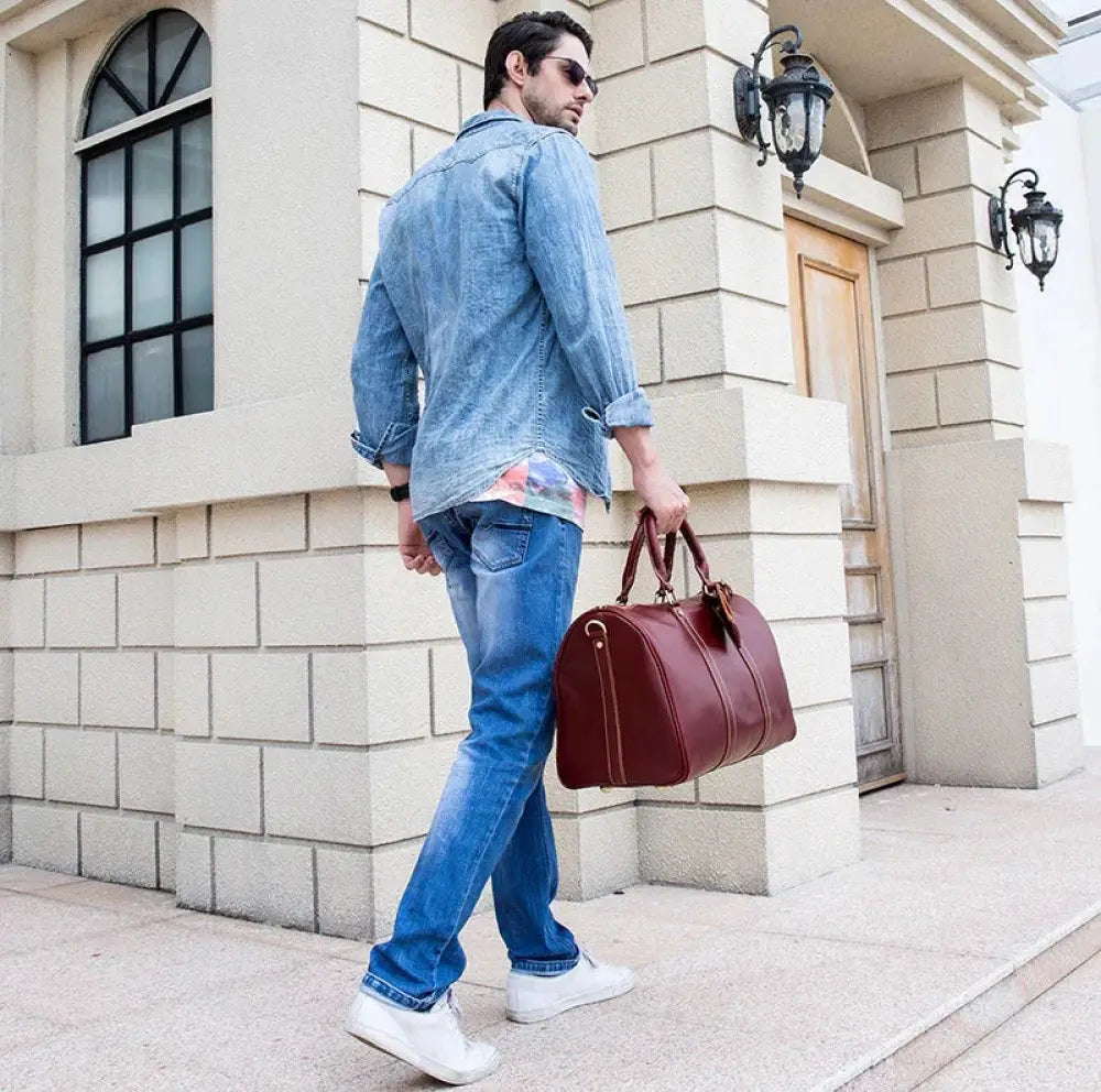 Burgundy Crazy Horse Leather Duffel Tote Bag