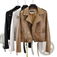 Crocodile Faux Leather Cropped Biker Jacket with Belt