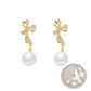 Crystal Bow and Pearl Dangle Earrings in Gold