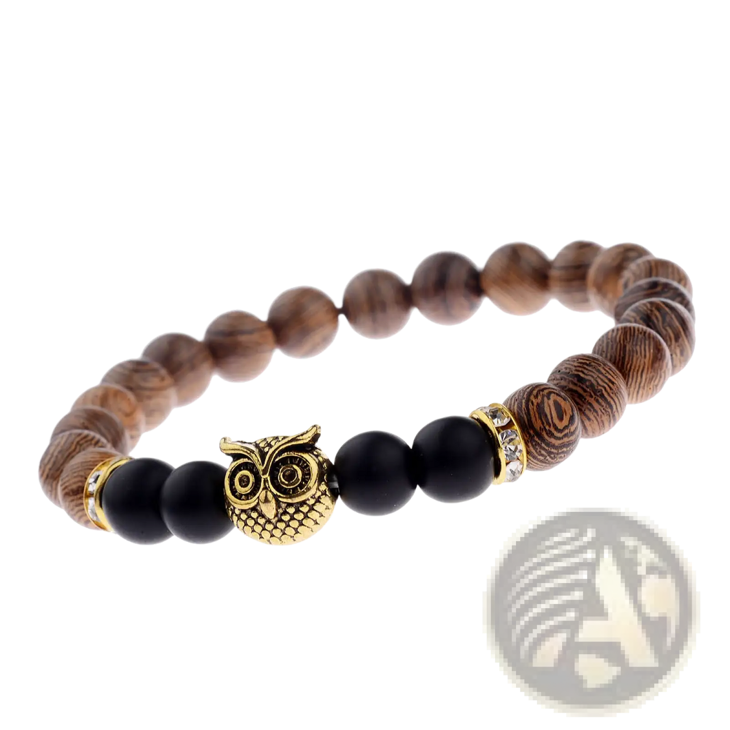 Crystal Owl Charm Wood and Onyx Beaded Bracelet