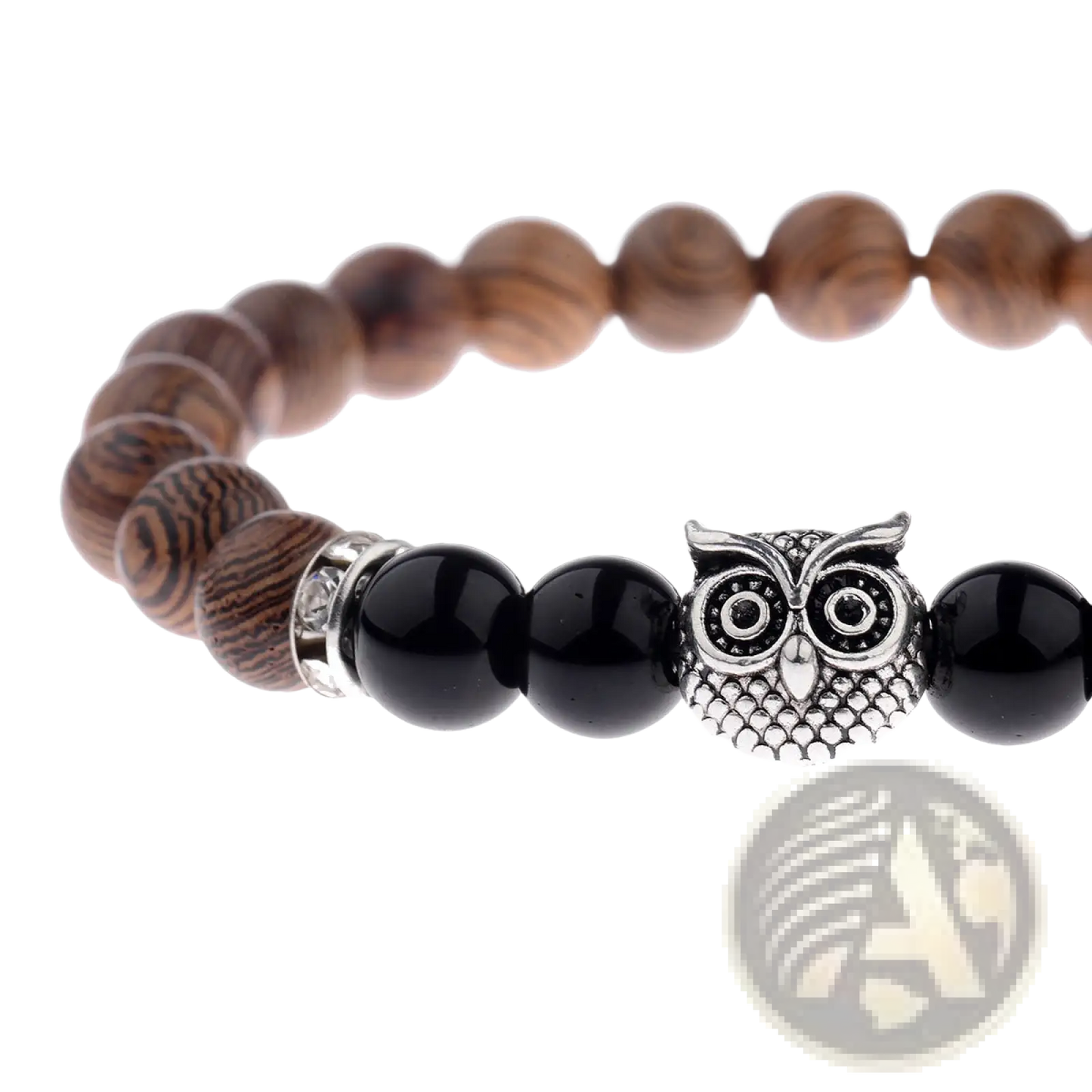 Crystal Owl Charm Wood and Onyx Beaded Bracelet