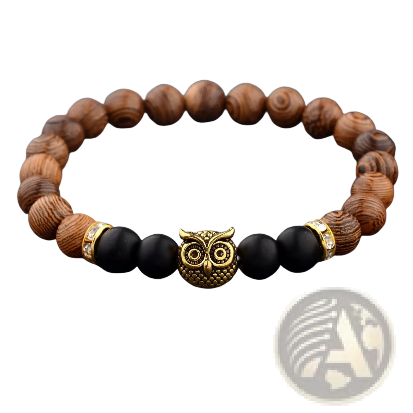 Crystal Owl Charm Wood and Onyx Beaded Bracelet