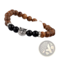 Crystal Owl Charm Wood and Onyx Beaded Bracelet