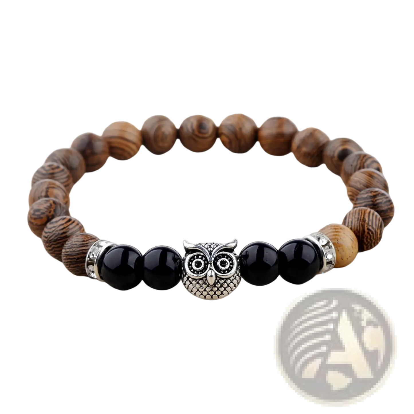Crystal Owl Charm Wood and Onyx Beaded Bracelet