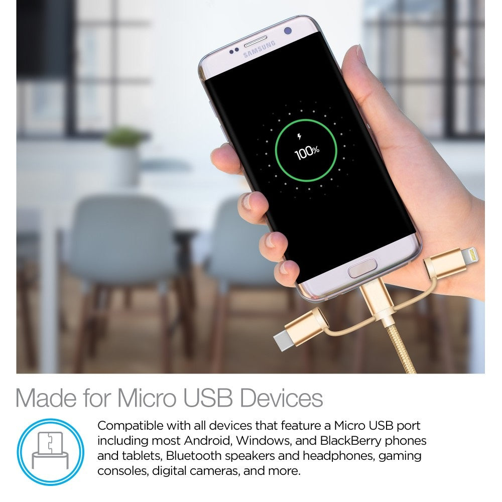 Cabo trançado USB híbrido 3 em 1 Cellvare, transferência rápida de dados de alta velocidade, compatível com Google e Samsung