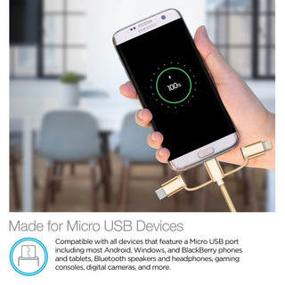 Cabo trançado USB híbrido 3 em 1 Cellvare, transferência rápida de dados de alta velocidade, compatível com Google e Samsung