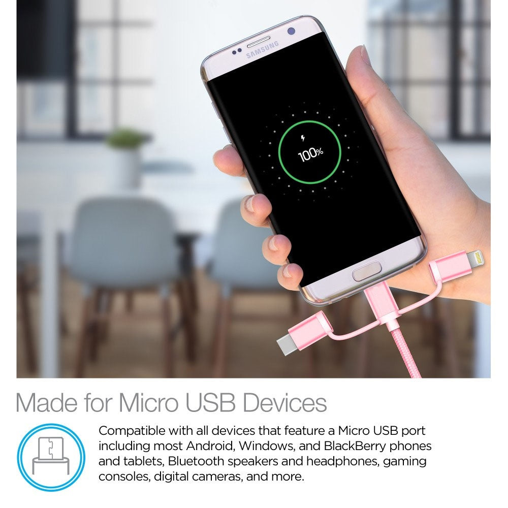 Cabo trançado USB híbrido 3 em 1 Cellvare, transferência rápida de dados de alta velocidade, compatível com Google e Samsung