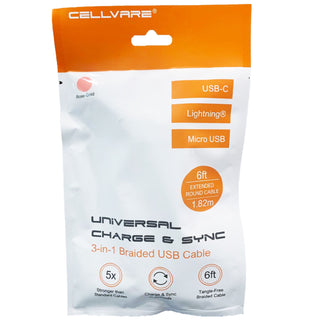 Cabo trançado USB híbrido 3 em 1 Cellvare, transferência rápida de dados de alta velocidade, compatível com Google e Samsung