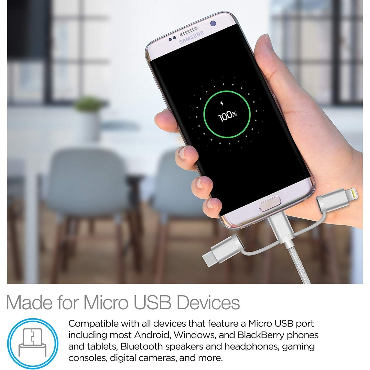 Cabo trançado USB híbrido 3 em 1 Cellvare, transferência rápida de dados de alta velocidade, compatível com Google e Samsung