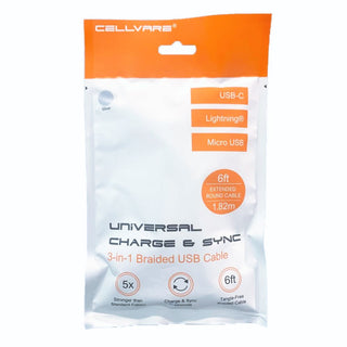Cabo trançado USB híbrido 3 em 1 Cellvare, transferência rápida de dados de alta velocidade, compatível com Google e Samsung