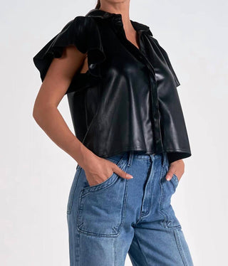 Elan - Blusa de couro vegano com mangas esvoaçantes
