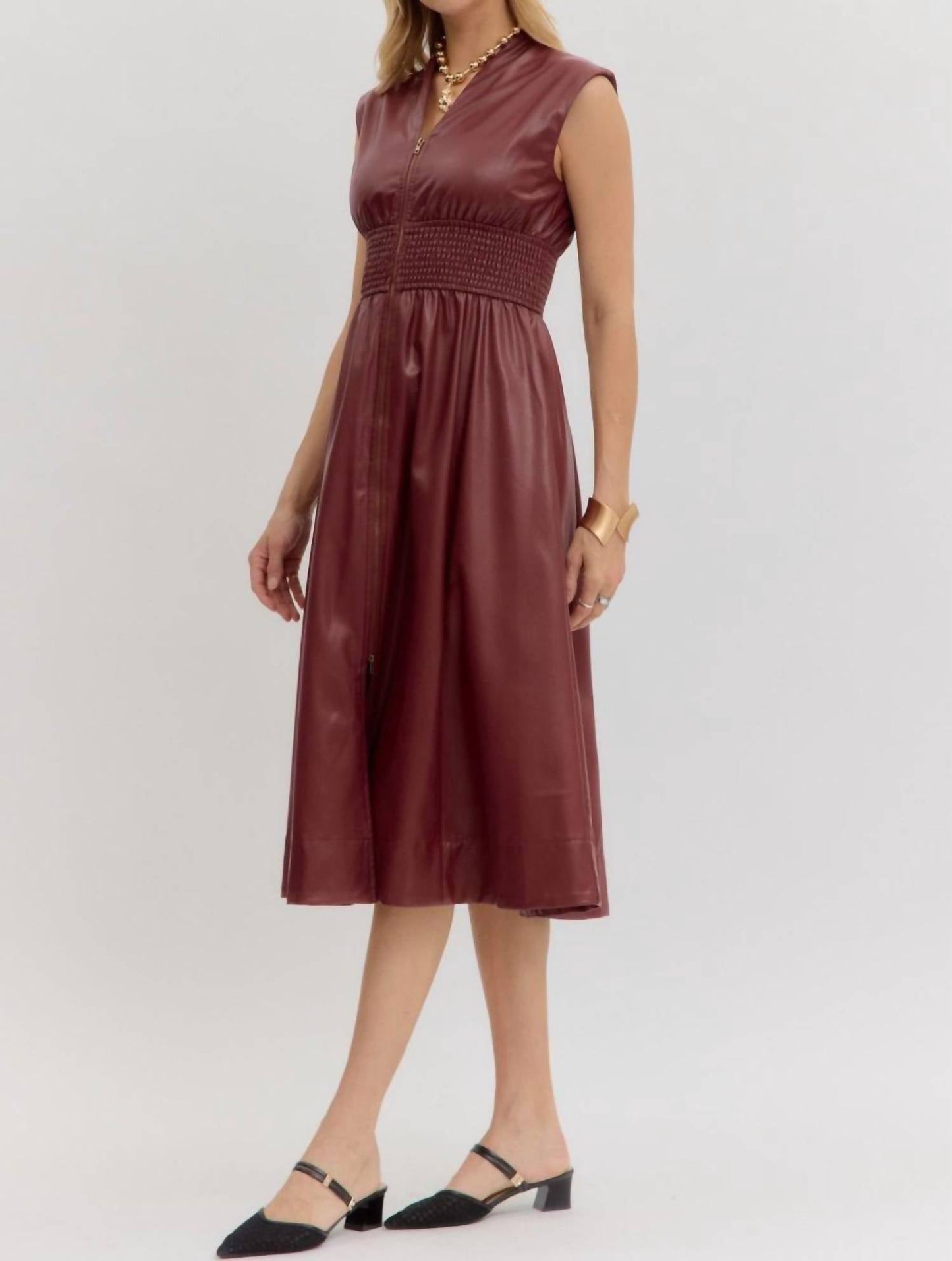 Entro - Women's Faux Leather Sleevless Midi Dress