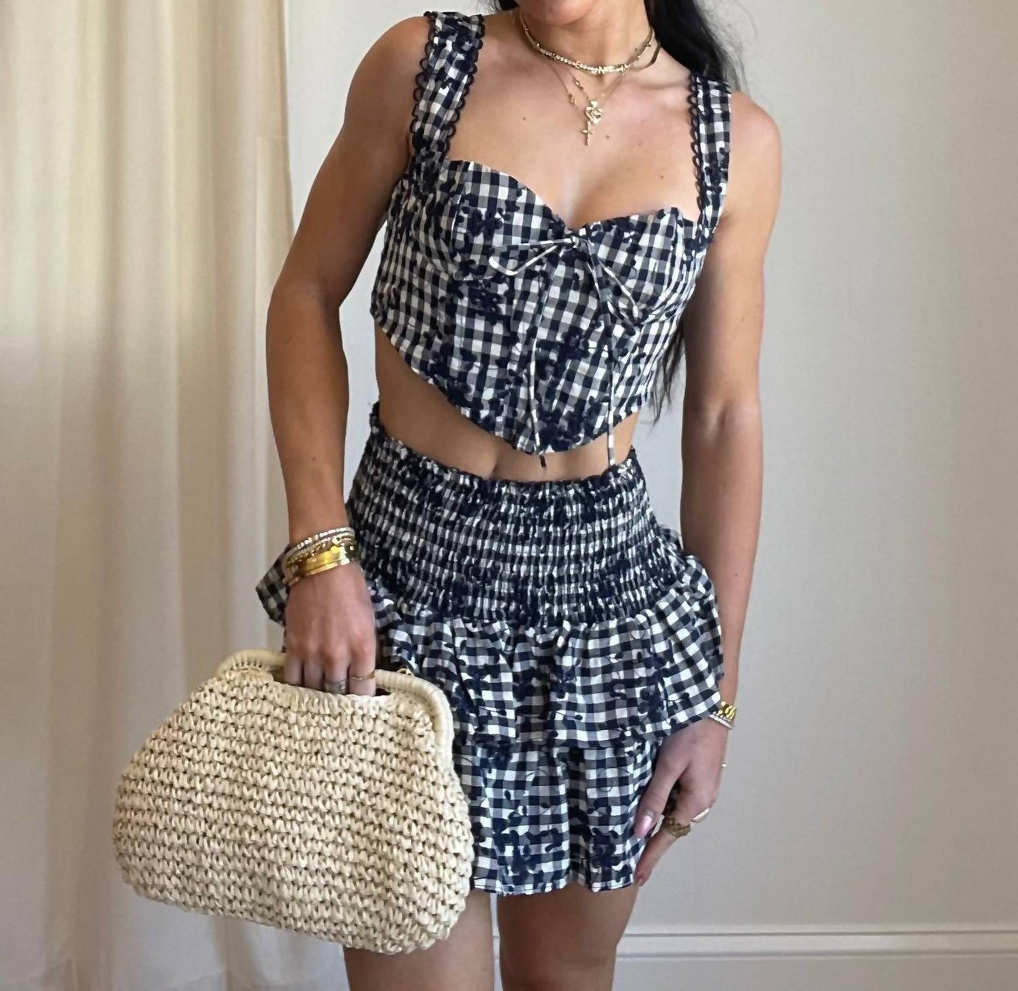 Olivaceous - Gwen Gingham Floral Corset Tank Top