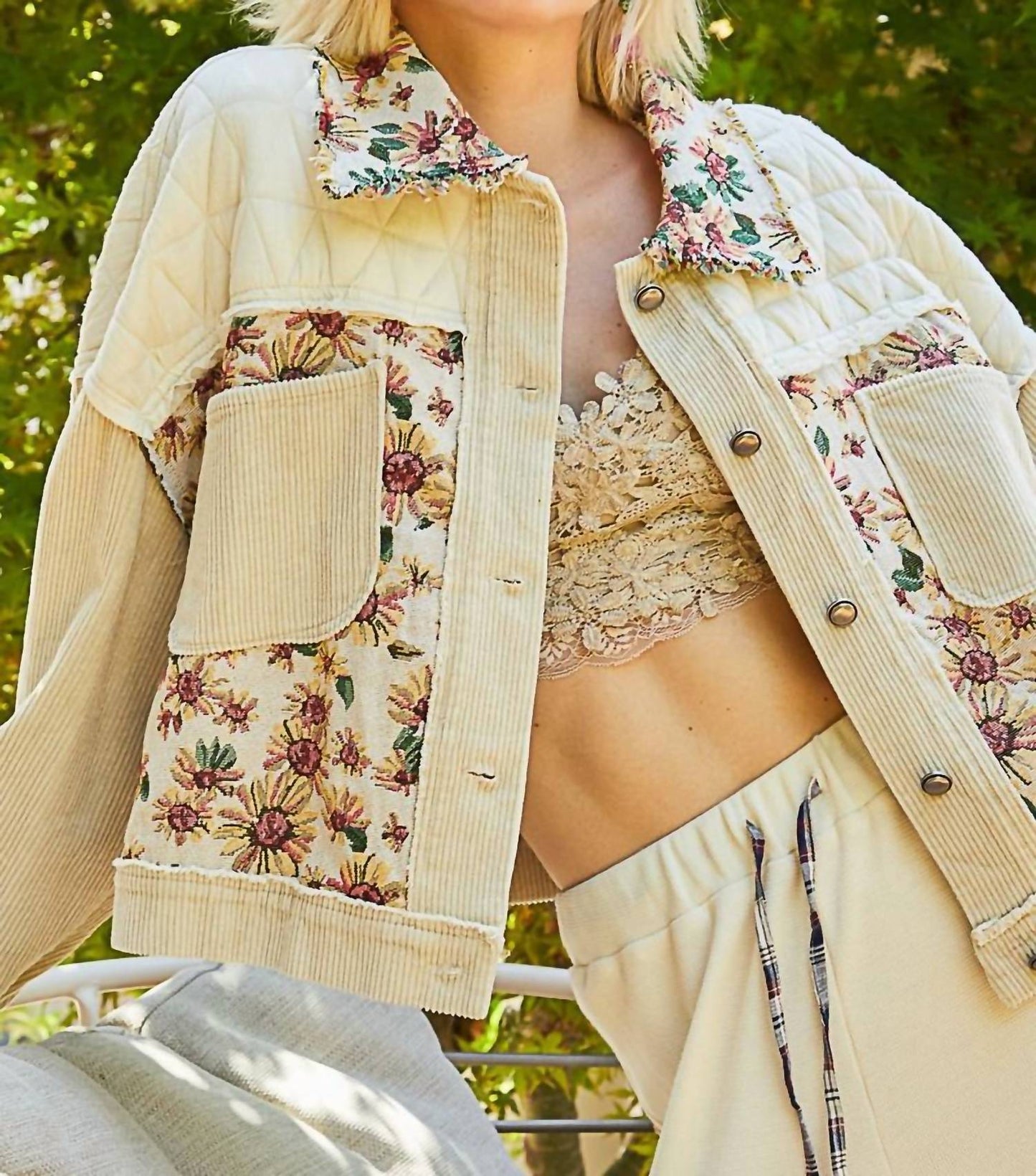 Pol - Contrast Quilt Panel Corduroy Jacquard Jacket