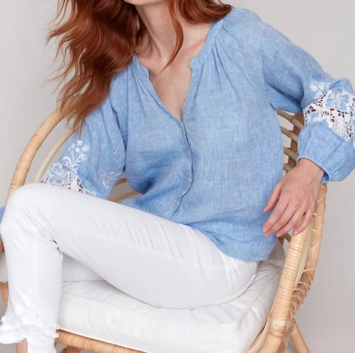 Charlie B - Cotton-linen Button-front Blouse With Embroidery