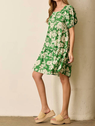 Baevely By Wellmade - Dolly Floral Print Balloon Sleeve Tiered Dress